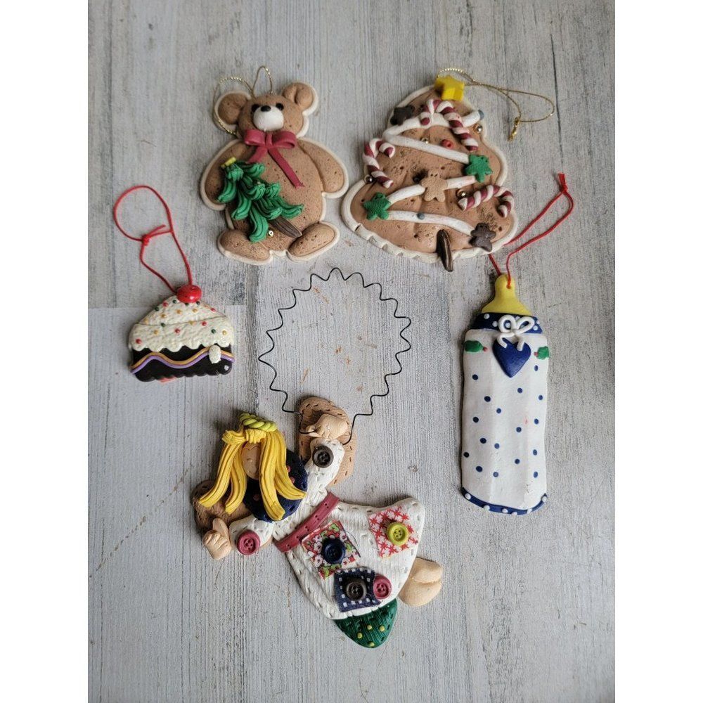 Vintage gingerbread cake Angel Baby Bottle teddy bear ornament unique set Xmas